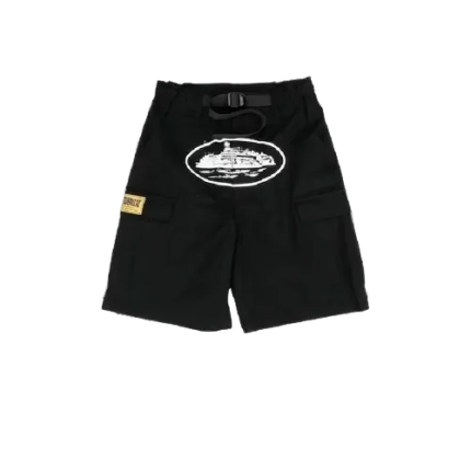 corteiz guerillaz 21′ cargo shorts black